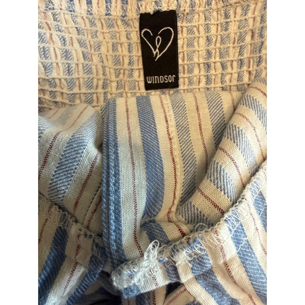 Blue Striped Linen Blend Tie Front Mini Dress Smocked Back Coastal Preppy Beach - Picture 6 of 11